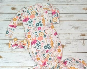 Knotted Baby Gown, Golden Wheat Floral on White, Fall Floral Mermaid Baby Gown, Baby Girl First Outfit Floral Gown and Bow