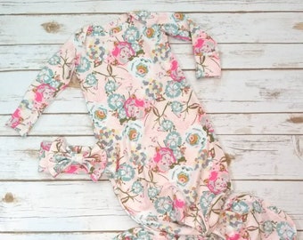 Knotted Baby Gown, Pink Summer Floral, Mermaid Baby Gown, Baby Girl Floral Baby Gown, Floral Knotted Baby Gown, Soft Pink Floral Baby Gown