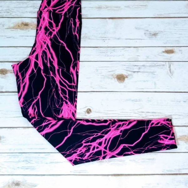 Kids Athletic Spandex Leggings, Pink Neon Lightning on Black Leggings, UV Glow Leggings, Black Light Leggings