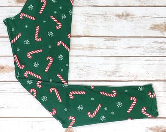 Kids Holiday Leggings, Kid's Christmas Leggings, Candy Cane Leggings, Winter Leggings, Green Christmas Leggings, Snowflake Leggings