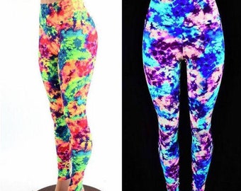 Athletic Spandex Leggings, Neon Paint Splatter, Glow in the Dark Leggings, Neon Black Light, Rainbow Leggings, Workout UV Glow