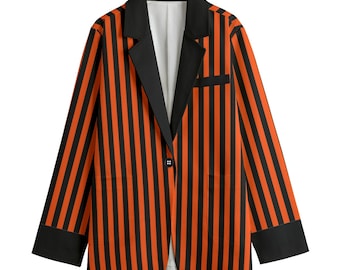 Pumpkin Stripe Ladies Blazer Halloween Party Orange And Black Formalwear Professional Adult Clown Costume Whimsigoth Gothic Womens Suit Coat