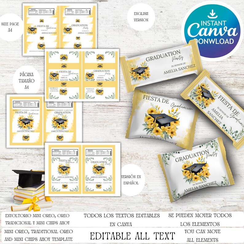 Oreo Wrapper Design Mini Oreo Graduation Wrapper With Yellow Flowers, Graduation Party ...