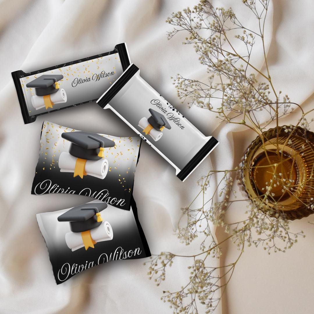 Mini Oreo Wrapper GRADUATION BLACK WHITE graduation party, traditional Oreo, Chips Ahoy mini, cookies, editable candy table canva