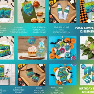 Complete BLUE MONSTER HALLOWEEN birthday package, 12-element digital pack, printable kit, editable canva, candy table decoration