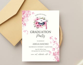 Pink Flower Graduation invitation template, graduation party, college graduation, graduation announcement, senior graduation party