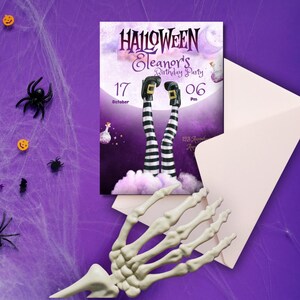 Halloween birthday party invitation WITCH CLOUD LEGS, editable and printable Halloween birthday, candy table decoration.
