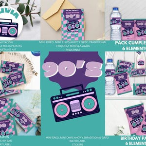 完全な 90 年代の誕生日パッケージ、6 要素のデジタル パック、印刷可能なパーティー キット、編集可能な Canva デコレーション パッケージ、キャンディ テーブル。