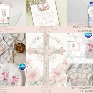 Könnte beinhalten: Druckbares Set für eine Erstkommunionsparty mit 6 Elementen. Enthält ein Kreuz, eine Einladung, ein Wasserflaschenetikett, ein Etikett für einen Chip-Beutel, ein Kit-Kat-Etikett und ein Tic-Tac-Toe-Etikett. Alle Elemente sind im Aquarellstil mit rosa und grünen floralen Akzenten gehalten.