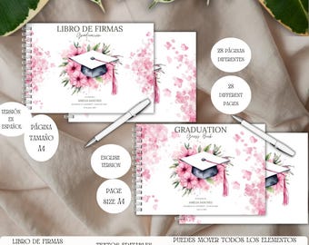 PINK FLOWER GRADUATION Guest Book, customizable 28 different pages, editable digital guest book pages in Canva