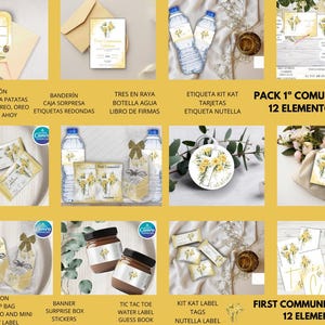 May include: A collection of First Communion party supplies, including invitations, labels, tags, and water bottle labels. The items feature a yellow floral design and are arranged on a yellow background. The text "First Communion Pack 12 Elements" is visible.