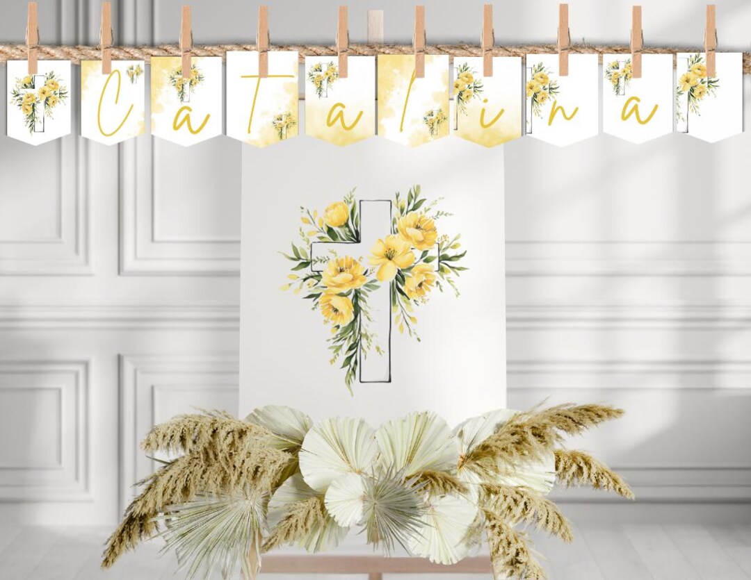 First Communion Pennant With a YELLOW CROSS and FLOWERS, Customizable ...