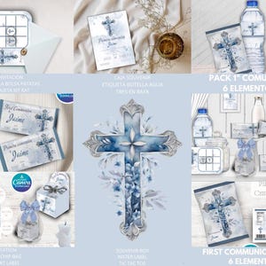 Complete BLUE FLOWER CROSS boy package Digital communion pack, printable 1st communion kit, editable canva decoration package, candy table.