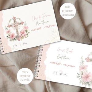 Libro de Firmas Primera Comunión  COMUNIÓN CRUZ FLORAL, personalizable 24 páginas diferentes, páginas libro de firmas editable en canva