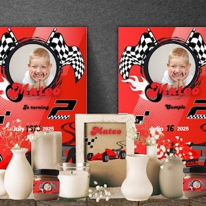 cartel o poster fiesta COCHE FORMULA 1 ROJO, fiesta de cumpleaños deportiva, editable en canva, decoración mesa de dulces, personalizable