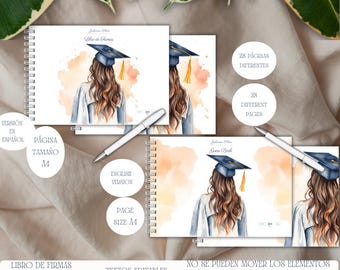 WATERCOLOR GIRL GRADUATION Guest Book, customizable 28 different pages, editable digital guest book pages in Canva, gift