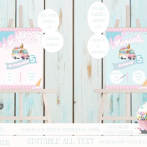 cartel fiesta CAMIÓN DE HELADO, fiesta de cumpleaños rosa Niña verano, cartel o póster en inglés y en español, editable en canva