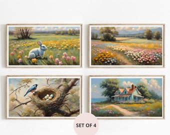 Pastel Spring Bundle Set of 4 | Colorful Flowers | Frame TV Art | Pastel Bunny, Floral Field, Vintage Cottage | 4K & Cherry Blossoms Bonus