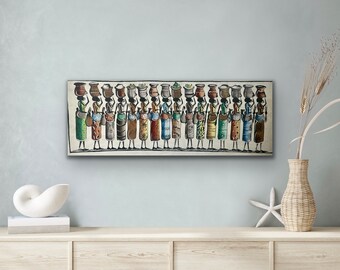 Abstract Women in Malawi Painting 29 x 10 - African Art, Home Decor, Abstract Art, Canvas Wall Hanging