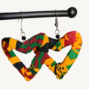 Yellow Heart Drop African Cloth Earrings