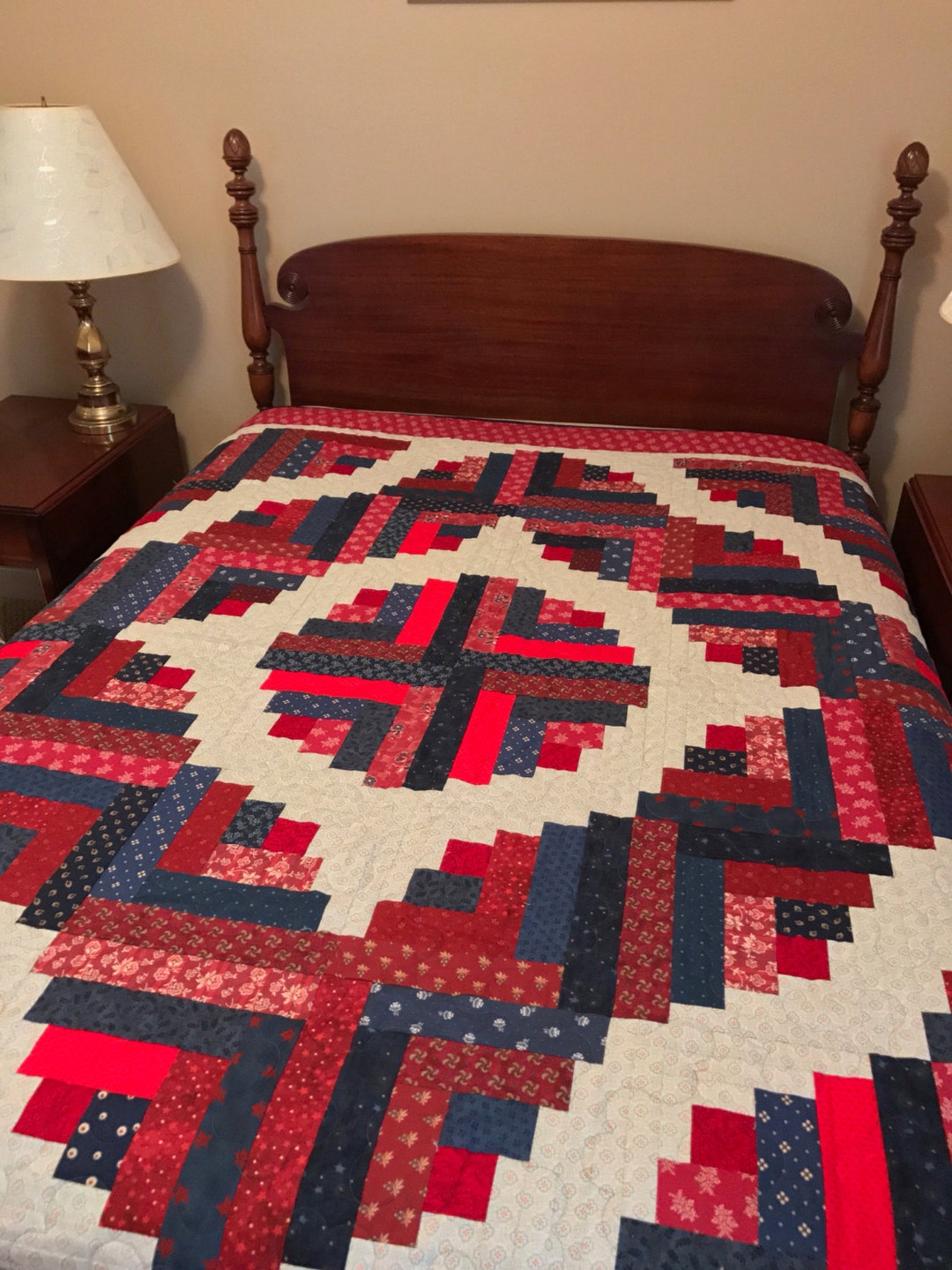 Hand Pieced Patriotic Red White Blue Queen Quilt Log Cabin Etsy