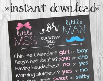 Gender reveal party, gender reveal ideas, Little miss or little man, old wives tales poster, he or she, girl or boy, baby shower ideas