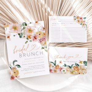 Wildflower Bridal Brunch Invitation Set, Boho Bridal Shower Invitation, Folded Thank You Card, Recipe Card, TEMPLETT, WLP-SPR 5827