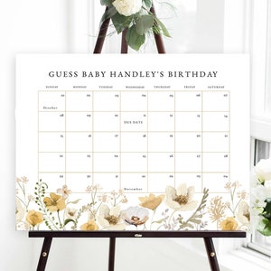 Wildflower Baby Due Date Calendar, Baby Shower Game, Guess Baby's Birthday, Editable Baby Prediction, TEMPLETT, Due Date Game, WLP-GWI 5074