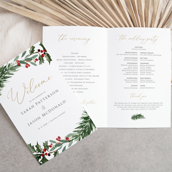 Christmas Wedding Program Template, Wedding Program Printable, Holiday Wedding Program, Foladble Wedding Program, TEMPLETT, WLP-RHO 6034