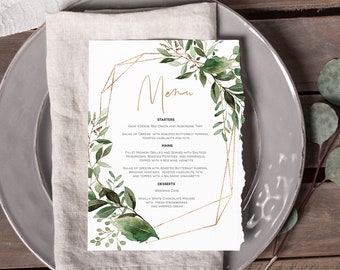 Plantilla de menú con vegetación, tarjeta de menú geométrica, menú de boda imprimible de 13 x 18 cm, boda de verano, descarga instantánea, edición con TEMPLETT, WLP-GBR 2223
