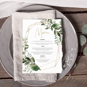 Greenery Menu Template, Geometric Menu Card, 5x7" Wedding Menu Printable, Summer Wedding, Instant Download, Edit with TEMPLETT, WLP-GBR 2223