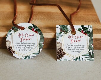 Christmas Hot chocolate Bomb Tag, Printable Bomb Dirctions Tags, Cocoa Favor Tags, Winter, Christmas, Edit with TEMPLETT, WLP-CGE 3880