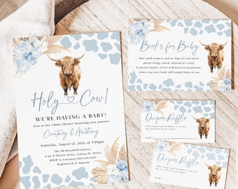 May include: A baby shower invitation with a watercolor illustration of a Highland cow, blue flowers, and pampas grass. The invitation reads "Holy Cow! We're having a baby!" and includes the names "Courtney & Anthony" and the date "Saturday, August 12, 2023 at 3:00pm".