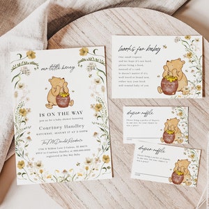 Our Little Honey Invitation, Winnie the Pooh Baby Shower Invitation Bundle, Books for Baby Card, Diaper Raffle, TEMPLETT, WLP-PFL 8199