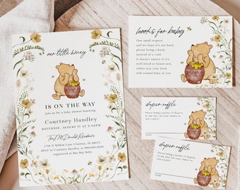 Our Little Honey Invitation, Winnie the Pooh Baby Shower Invitation Bundle, Books for Baby Card, Diaper Raffle, TEMPLETT, WLP-PFL 8199