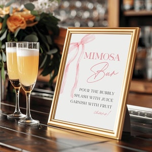 Bow Mimosa Bar Sign and Juice Tags Set, Pink Bow Mimosa Bar Tags, Coquette Mimosa Bar Sign, Instant Download, Editable Tags, WLP-BOW 8268
