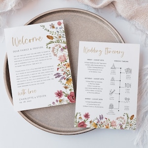 Welcome Letter & Timeline Card, Wildflower Wedding Order of Events, Itinerary Card, Edit with TEMPLETT, Instant Download, WLP-WIL 5904