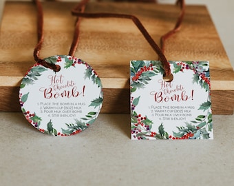 Christmas Hot chocolate Bomb Tag, Printable Bomb Directions Tags, Cocoa Favor Tags, Holly, Christmas, Edit with TEMPLETT, WLP-HOL
