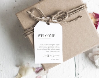 Willkommen Hochzeit Tags, druckbare Hochzeit Gastgeschenk Geschenkanhänger, 7,5 x 10,5 cm Tags, Hotel Willkommen Taschenanhänger, minimalistisch, TEMPLETT, WLP-SLI 3000