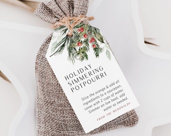May include: A small burlap bag filled with a holiday simmering potpourri. The bag is tied with twine and has a white tag attached with instructions for use. The tag has a watercolor illustration of pine branches and red berries.