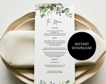Greenery Menu Printable, Wedding Menu Template, Printable Greenery Menu Card, Instant Download, 2 Sizes, Edit with TEMPLETT, WLP-HER 1501