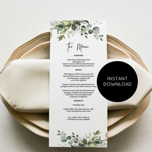 Menu Greenery do druku, szablon menu weselnego, karta menu Greenery do druku, natychmiastowe pobranie, 2 rozmiary, edycja za pomocą TEMPLETT, WLP-HER 1501