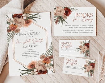Terracotta Baby in Bloom Invitation, Baby Shower Bundle, Baby Shower Invitation, Books for Baby Card, Diaper Raffle, TEMPLETT, WLP-TER 5957