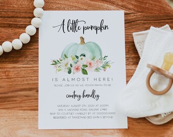 May include: A baby shower invitation with a watercolor illustration of a green pumpkin with pink and white flowers. The text reads "A little pumpkin is almost here!" and includes the date, time, and location of the event.