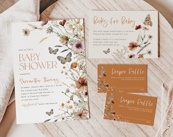 Butterfly Baby Shower Invitation, Baby Shower Bundle, Fall Butterfly Invitation, Books for Baby, Diaper Raffle, TEMPLETT, WLP-FBU 5997