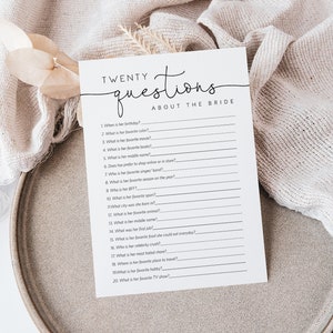 20 Questions about the Bride, Minimalist Bridal Trivia Game Card, Editable Questions, Edit with TEMPLETT, WLP-ODA 5836