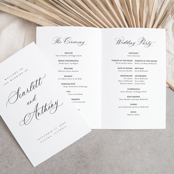 Calligraphy Wedding Program Template, Wedding Program Printable, Script Wedding Program, Foldable Wedding Program, TEMPLETT, WLP-MRS 5203