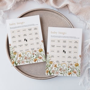 Wildlower Baby Bingo, Script Baby Shower Game, Printable Bingo Cards, Editable Bingo Card, Edit with TEMPLETT, WLP-FWI 5356