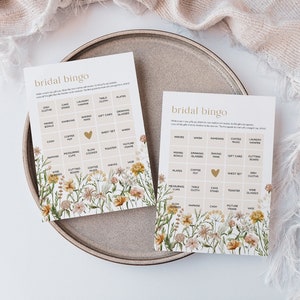 Bingo nupcial de flores silvestres, juego de bingo de despedida de soltera, tarjetas de bingo imprimibles, tarjeta de bingo editable, editar con TEMPLETT, WLP-FWI 5552