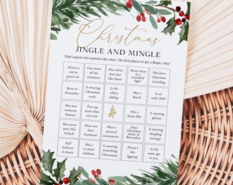 Puede incluir: Una tarjeta de juego de Navidad Jingle and Mingle con un fondo de acuarela verde y rojo. La tarjeta tiene una cuadrícula de 16 cuadrados con diferentes indicaciones sobre el tema navideño. El primer jugador en obtener un bingo gana.